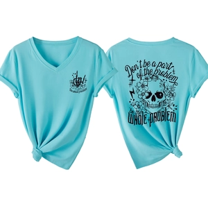 T-shirt turquoise à col en V avec motif crâne Don't be a part of the problem