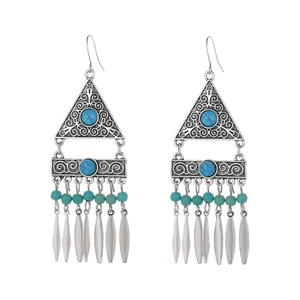 Bohemian retro tassel earrings with turquoise beads and vintage silver leaf metal pendants