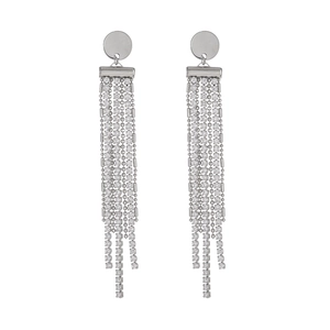Detailed view of silver long fringe earrings featuring cascading rhinestones and beads