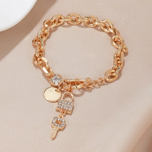 Gold braided alloy bracelet with sparkling lock and key charms for women fashion