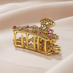 Vintage gold hollow-out metal butterfly hair claw clip with colorful rhinestones decor