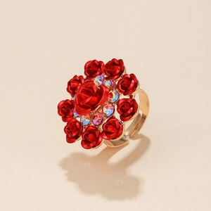 Red Rose Flower Cluster Ring Alloy Rhinestone Adjustable Opening Elegant Fashion Jewelry For Women