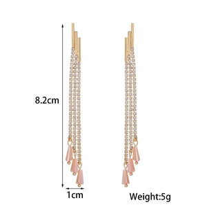 Detail view of long tassel earrings with pink beads and rhinestones, length 8.2cm