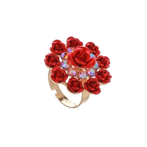 Elegant gold alloy ring featuring a red rose design with colorful rhinestones on white background
