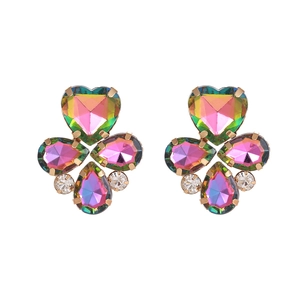 Détails de boucles d'oreilles en cristal multicolore en forme de cœur et trèfle doré