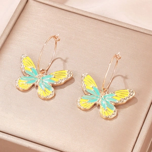 Boucles D'oreilles Créoles Papillon Mode Alliage Émail Plaqué Or Coloré Jaune Vert Bijoux Animaux Femmes