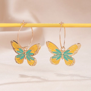 Boucles d'oreilles papillon en alliage doré avec émail jaune et sarcelle éclatant