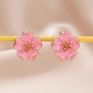Boucles D'oreilles En Alliage Fleur Rose Plaqué Or Émail Fleur De Pêcher Bijoux Élégants Et Doux Pour Femmes Accessoires