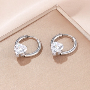 Heart Charm Hoop Earrings Alloy Cubic Zirconia Silver Color Minimalist Fashion Jewelry For Women