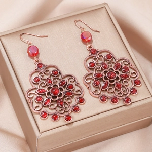 Bohemian Hollow Flower Dangle Earrings Alloy Red Rhinestone Encrusted Vintage Mandala Drop Earrings For Women Elegant