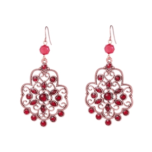 Luxurious red rhinestone bohemian drop earrings in antique copper finish on white background