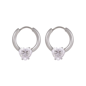 Silver-toned hoop earrings with large heart-shaped cubic zirconia and polished metal finish