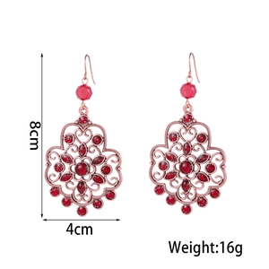 Luxurious bohemian red rhinestone earrings with rose gold filigree 8x4cm set