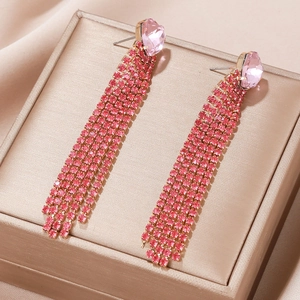 Pink heart crystal tassel earrings with sparkling rhinestones in a luxury gold finish