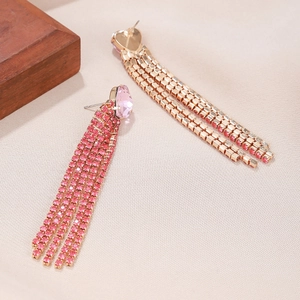 Long pink rhinestone tassel earrings with heart-shaped crystal studs in gold finish