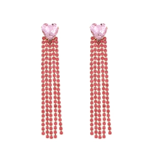 Long red tassel earrings with pink heart stone and zircon rhinestones in gold plating