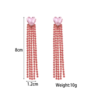 Pink heart-shaped earrings with long zircon tassel fringes, 8cm length jewelry