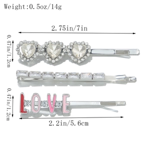 3er-Set süße silberne Haarspangen mit LOVE-Schriftzug, Herzen und glitzernden Strasssteinen