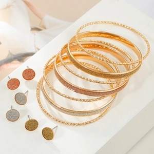 Bohemian Zinc Alloy Glitter Textured Bangle And Stud Earring Collection With Earring Post Vintage Gold Tone Women Jewelry