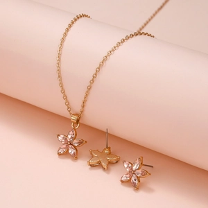 Elegant Alloy Flower Jewelry Set Pink Crystal Petal Pendant Necklace And Stud Earrings For Women Fashionable Accessory