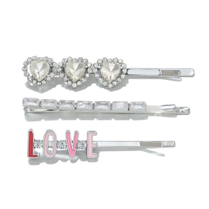 3er-Set silberne Haarklammern mit Herz-Rheinsteinen und rosa Emaille-LOVE-Design