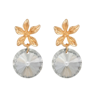Elegant gold flower drop earrings with large faceted clear crystal on white background