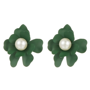 Dark green matte floral stud earrings featuring layered petals and white pearl centers