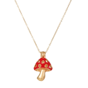 Exquisite red enamel mushroom pendant necklace with sparkling zircons and gold plating
