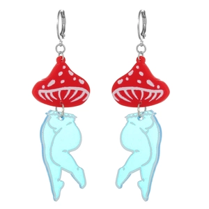 Acrylic drop earrings with red mushroom and blue leg charms in a creative quirky design