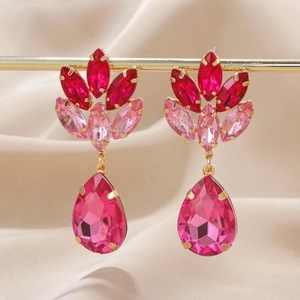 Elegant gold alloy drop earrings with purple and pink crystal teardrop pendants