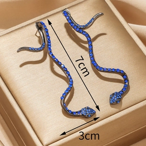 Elegant long snake drop earrings with blue crystals on dark grey metal, 7cm length