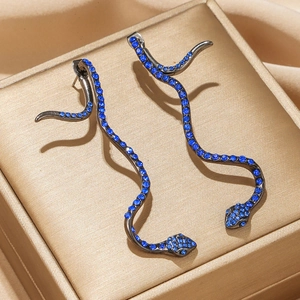 Elegant snake-shaped long earrings featuring deep blue rhinestones on black metal base