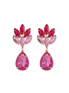 Detailed view of teardrop crystal earrings with pink marquise cut gems and gold setting