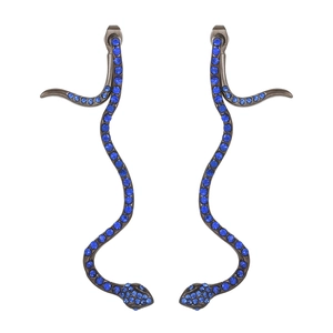 Elegant long snake earrings in gunmetal finish with navy blue sparkling rhinestones