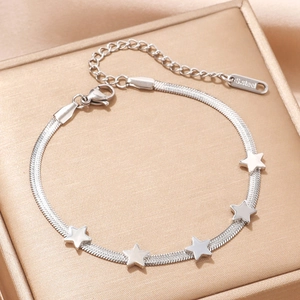Polished titanium steel snake chain bracelet with star charms and lobster clasp closure