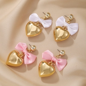 Boucles D'oreilles Pendantes Cœur Alliage Ruban Satin Nœud Doux Élégant Bijoux Accessoires Pour Femmes Filles