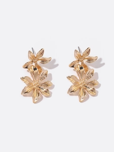 Detailed view of golden double-layer flower earrings with brushed texture and metallic finish