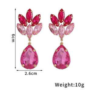 Pink teardrop earrings with crystals and gold-tone alloy, size 6cm x 2.6cm, weighing 10g