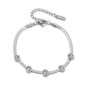 Silver stainless steel snake chain bracelet with five hollow tree of life round charms