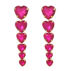 Elegant gold drop earrings featuring six magenta heart-shaped crystals in a gradient layout