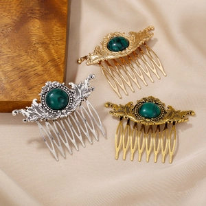 Vintage Hair Comb Baroque Filigree Alloy Green Malachite Style Resin Stone Ethnic Hairpin Wedding Accessory For Women