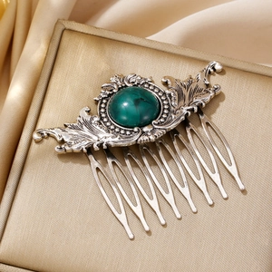 Vintage silver alloy hair comb with green resin stone and baroque floral engraving
