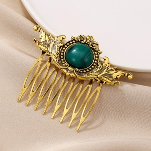 Vintage gold hair comb with green malachite stone and baroque relief patterns