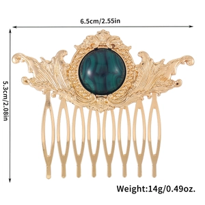 Vintage gold alloy hair comb with green resin stone and Baroque filigree patterns