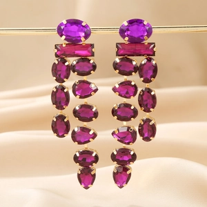 Bohemian long tassel drop earrings with purple and rose gemstones in gold setting