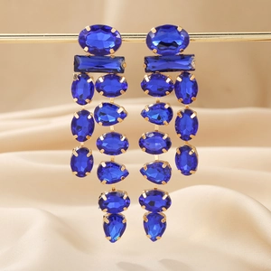 Luxurious long tassel drop earrings with royal blue crystal stones and gold plating