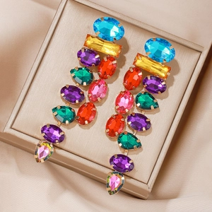 Colorful gemstone drop earrings with gold plating and long tassel luxury fashion jewelry