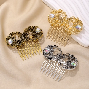 Retro Alloy Rhinestone Hair Comb For Women Ethnic Style Hollow Filigree Hair Accessory For Wedding Daily Party Jewelry