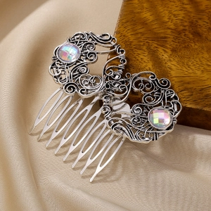 Retro alloy hair combs set with iridescent acrylic rhinestones and hollow floral patterns
