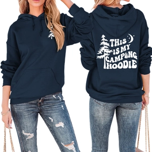 Detail view of the camping hoodie front and back with white forest graphic and slogan